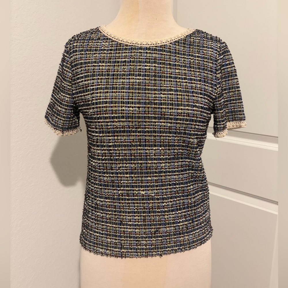 Zara Tweed Pearl-Trim Top